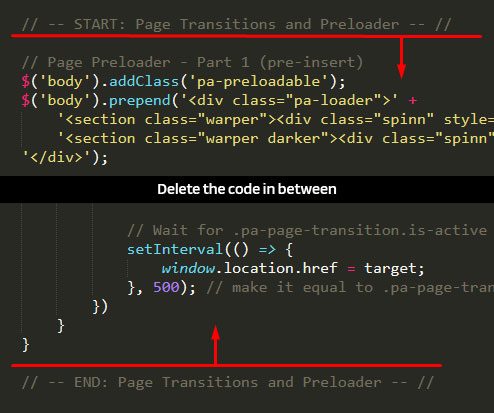 Showing how to remove page transitions and preloader effect code from the main js file