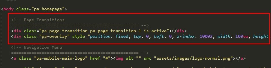 Showing where in our code are the divs for page transitions that need to be removed.